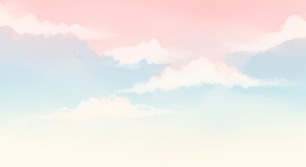 Pastel colored clouds float gently across a serene sky viewed from a peaceful landscape