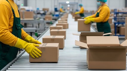 Workers in a warehouse packaging boxes on a conveyor belt for shipping and distribution.