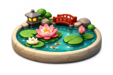 Calm and serene lotus pond scene with lantern and bridge for relaxation and decor