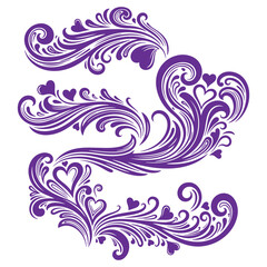 Fototapeta premium Elegant purple floral swirls with hearts decorative vector design isolated on transparent background