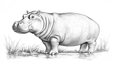 Obraz premium Detailed Pencil Drawing of a Hippopotamus in its Habitat