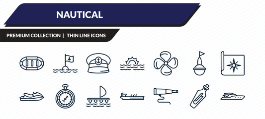nautical icons set - rubber raft, sea flag, captain hat, message in a bottle, yacht facing right outline vector collection. © IconArt