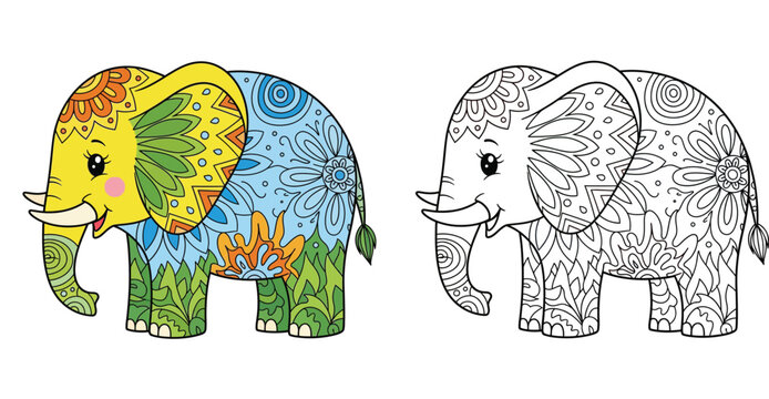 Cute decorative elephant vector illustration with mandala patterns. Colorful and black and white outline set for coloring book page. Ornamental zentangle style animal isolated on white background.