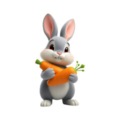 A cute cartoon rabbit holding a large orange carrot on transparent background
