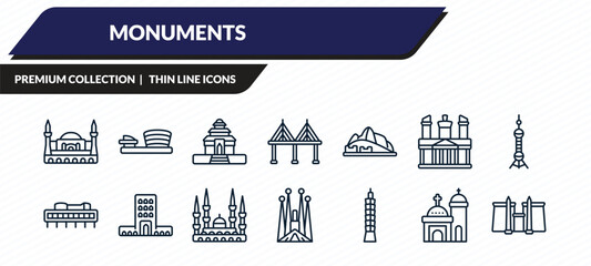 monuments icons set - hagia sophia, museum, konark sun temple, blue domed church, luxor temple outline vector collection. © IconArt