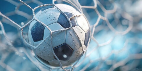 Naklejka premium Soccer Ball Entering Goal Net Against Light Blue Background