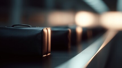 luggage bags moving on conveyor belt toward airplane before departure at airport, travel and transportation concept, realistic lighting, depth of field