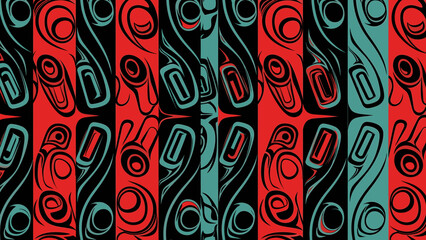 Abstract pattern featuring stylized shapes in red, black, and teal, arranged vertically.