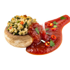 A stuffed mushroom cap filled with savory mixture served with vibrant red sauce garnished with chili peppers and fresh herbs