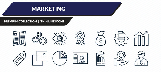 marketing icons set - gazette, configuration, business eye, service, salesman outline vector collection.