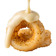 Crispy onion ring being generously drizzled with creamy sauce from above
