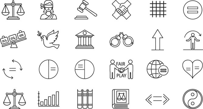 Justice and equality icons set for law and business concepts