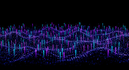 Abstract digital waveform with glowing purple and cyan bars on a dark background data visualization
