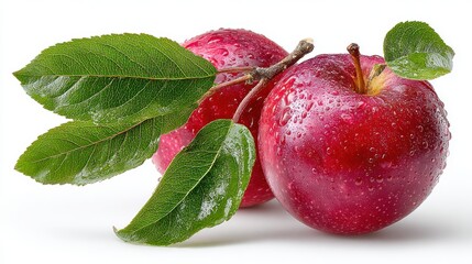 Fresh red apples with water droplets on leaves ready for harvest in a kitchen setting during a summer afternoon
