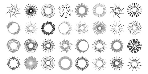 Circular sound wave icon with radial lines creating dynamic music pattern. Abstract audio equalizer design with concentric rings and burst effect on white background.
