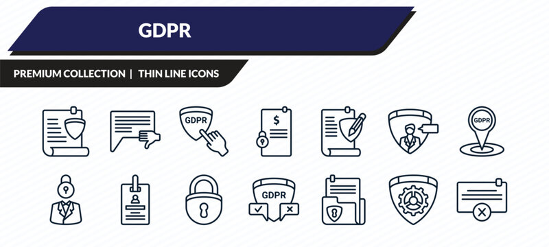 gdpr icons set - plain, complaint, finger, gear, delete outline vector collection.