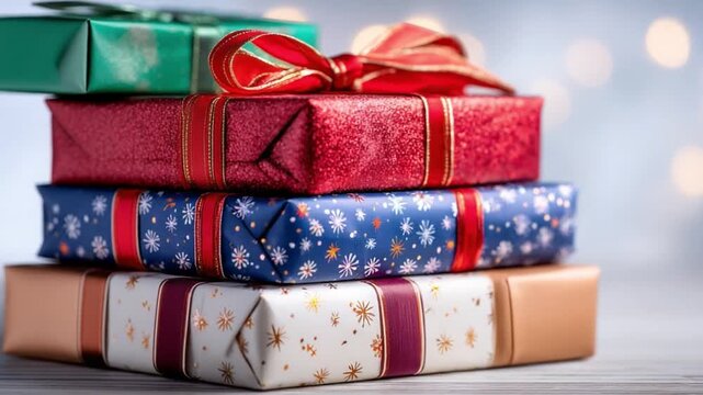 Wrapped Gifts for a Special Occasion: A colorful stack of beautifully wrapped presents, each adorned with elegant ribbons, invites a sense of excitement and anticipation.