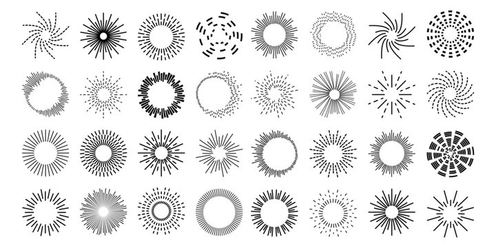 Circular sound wave icon with radial lines creating dynamic music pattern. Abstract audio equalizer design with concentric rings and burst effect on white background.