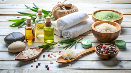 A serene spa setup with various wellness products and natural elements on a wooden table
