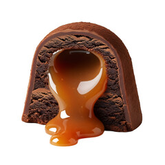 A decadent chocolate dessert with caramel filling, cut in half to reveal the gooey center.