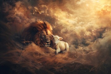 Fototapeta premium Lion and lamb sitting together symbolizing the conflict resolution and peace in Christian biblical stories. Spiritual animal concept for greeting card.