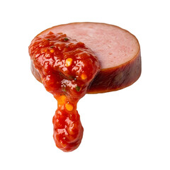 Sliced sausage smothered in a rich, tangy sauce, captured from a front view on a clean background.