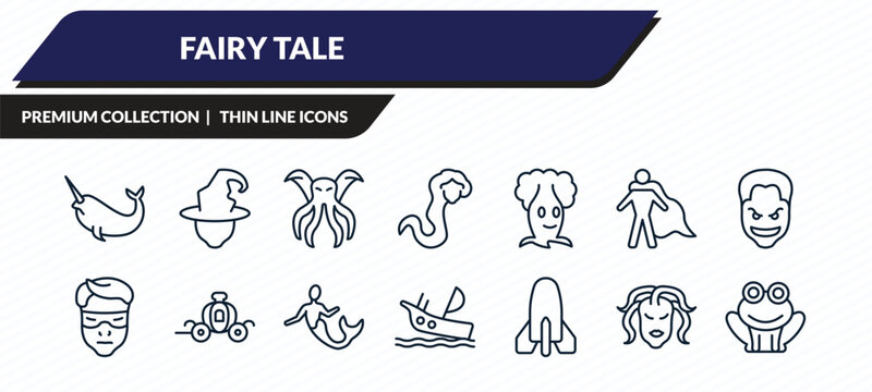 fairy tale icons set - narwhal, wicked, cthulhu, female medusa, toad outline vector collection.