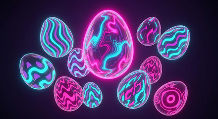 A collection of vibrant neon eggs with glowing patterns on a dark background