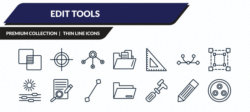 edit tools icons set - opacity, registration mark, allocation, pen edit, quark outline vector collection.