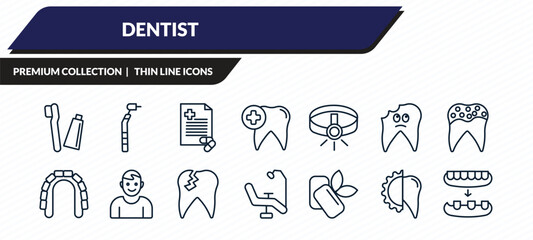 dentist icons set - toothbrushes, filler, medical prescription, apicoectomy, overdenture outline vector collection. © IconArt