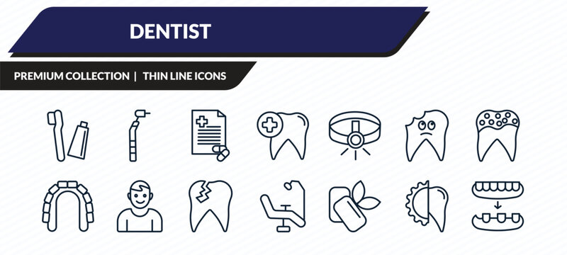 dentist icons set - toothbrushes, filler, medical prescription, apicoectomy, overdenture outline vector collection.