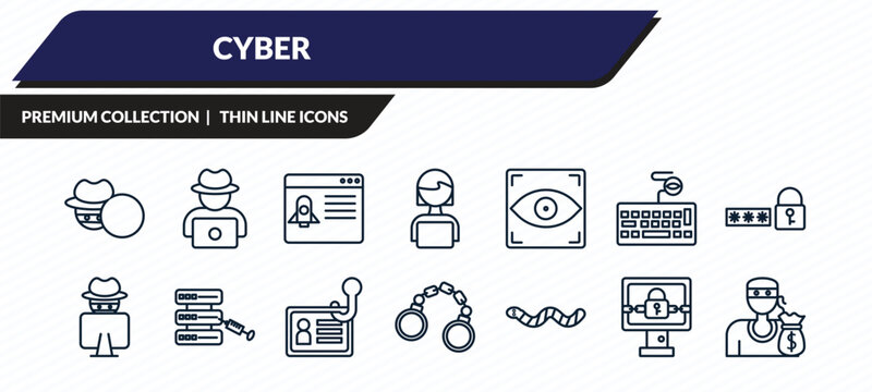 cyber icons set - stalking, hack, dos attack, ransomware, theft outline vector collection.