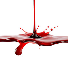 A stream of red liquid is pouring and splashing on a black surface on transparent background