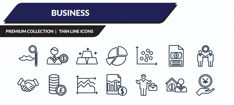 business icons set - man with moustach, man with money gears, ingot, mortgage and man, yen coin on hands outline vector collection.