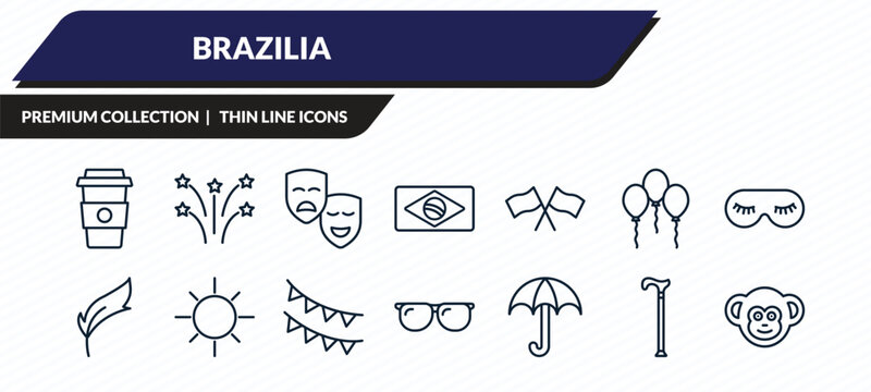 brazilia icons set - coffee cup, fireworks, theater masks, cane, monkey outline vector collection.