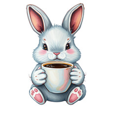 An adorable white rabbit with big ears holding a cup of coffee on transparent background