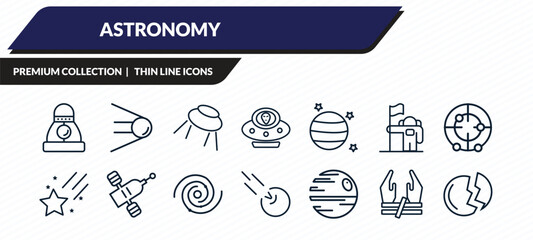 astronomy icons set - space capsule, sputnik, big ufo, abduction, destroyed planet outline vector collection. © IconArt