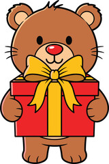 Obraz premium Cute cartoon brown teddy bear holding a red gift box with yellow ribbon vector illustration isolated on white background for birthday surprise celebration.