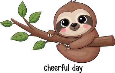 Fototapeta premium Cute cartoon brown sloth hanging on tree branch with green leaves and cheerful day text vector illustration isolated on white background for children.