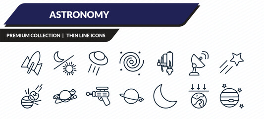 astronomy icons set - rocket start, day and night, ufo and cow, aerosphere, venus with satellite outline vector collection. © IconArt