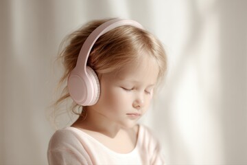 little girl wearing headphones enjoying music, home technology and lifestyle concept
