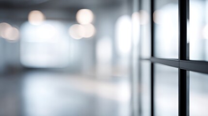 blurry modern office interior with glass doors and windows, bright natural light, corporate background