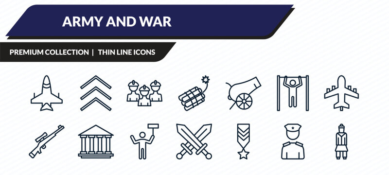 army and war icons set - jet, chevrons, brigade, lieutenant, outline vector collection.