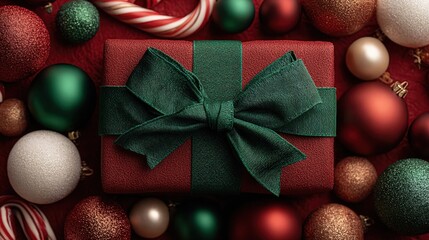 Bright colors and decorations with a green bow and candy on a red background during the festive season for celebrations and gifts