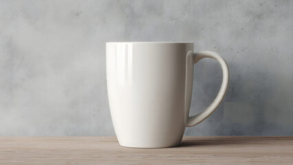 Obraz premium White Ceramic Coffee Mug Mockup on Wooden Table Against Textured Concrete Wall