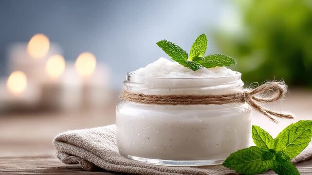 Calming Body Butter: A serene composition featuring a jar of smooth body butter adorned with fresh mint leaves, inviting relaxation and wellness.