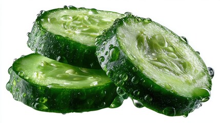 Fresh cucumber slices with water droplets on white background ready for salad preparation or healthy snack