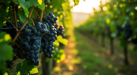 Ripe dark grapes hanging on a vine in a sunlit vineyard with rows of grapevines stretching into the distance