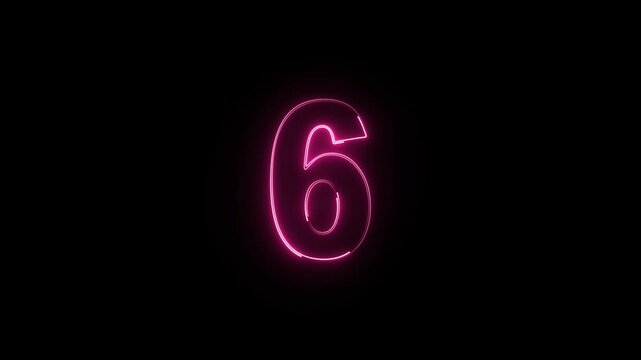 Glowing neon numbers 6 animation icon on black background.