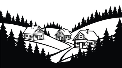 Obraz premium A serene black and white illustration of three houses in a snowy forest